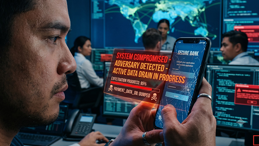 A man looking at a cracked smartphone screen with an overlay warning of a system compromise and active data drain.