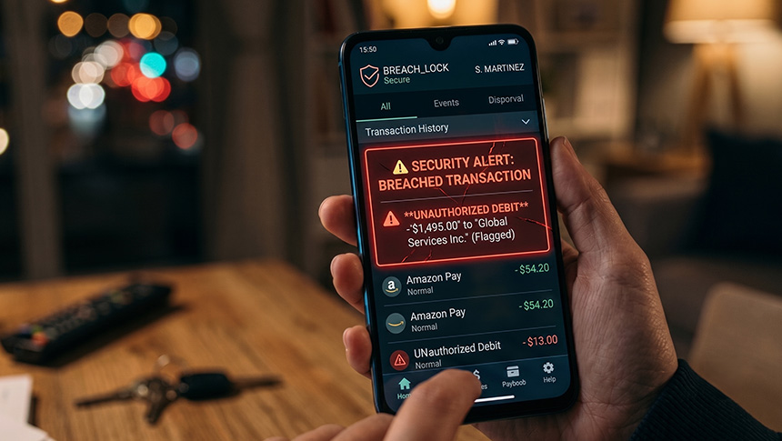 A person holding a smartphone displaying a red security alert for a breached transaction and unauthorized debit.