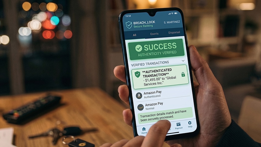 A person holding a smartphone displaying a green success notification for a verified, secure banking transaction.