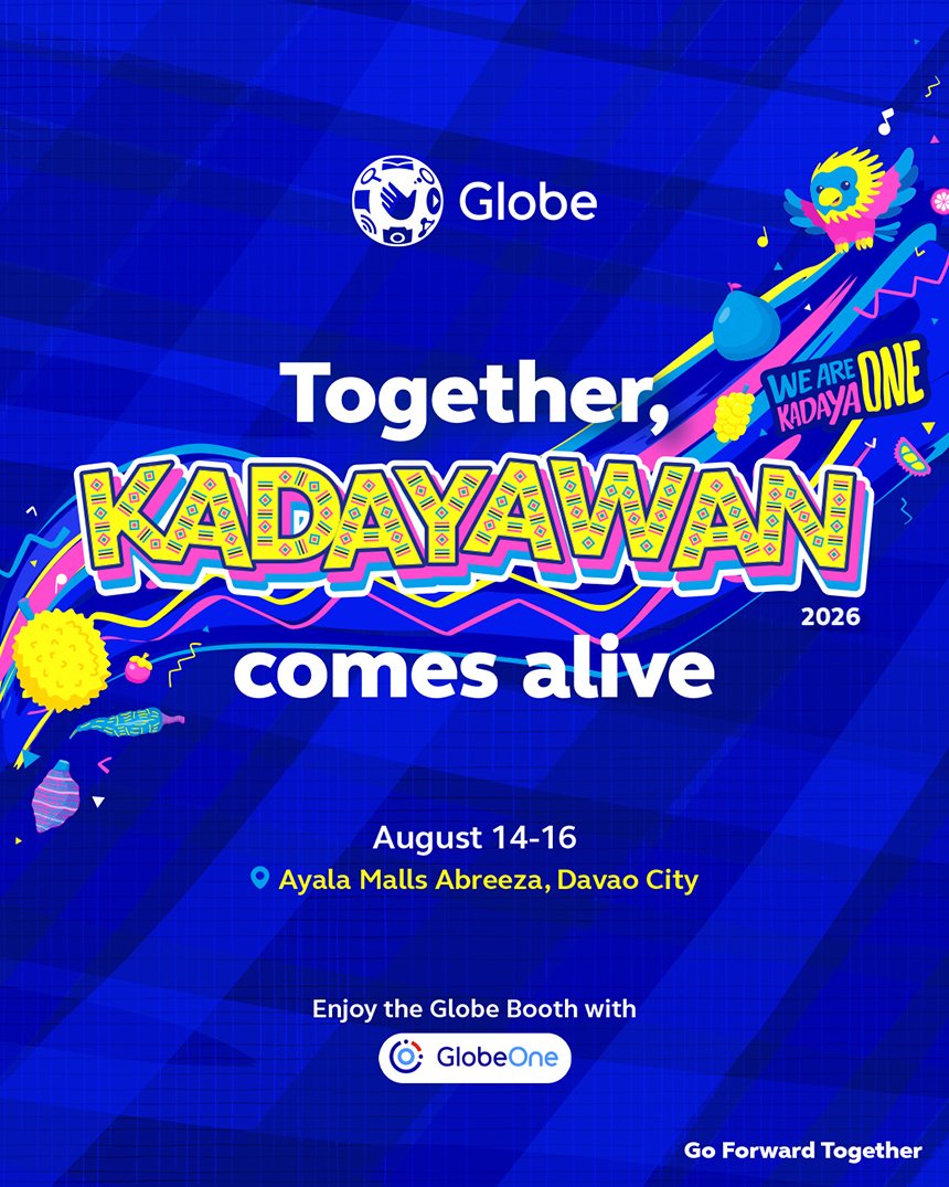 Globe promotional poster for Kadayawan Festival 2026 at Ayala Malls Abreeza, Davao City, Aug 14-16
