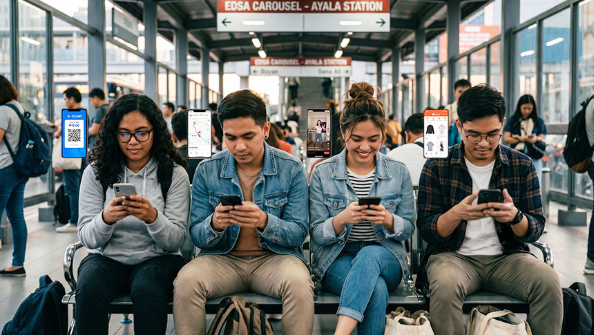 Four commuters at a transit station using different mobile apps on their smartphones.