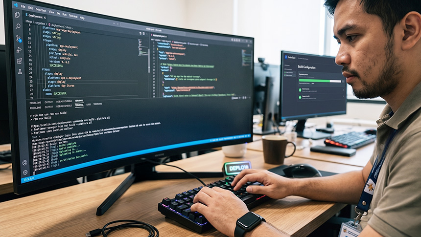 A developer typing at a workstation with code on a curved monitor and a smartphone on a stand.