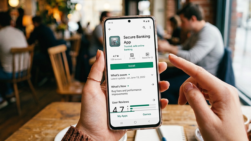 A person holding a smartphone showing an app store download page for a secure banking app.