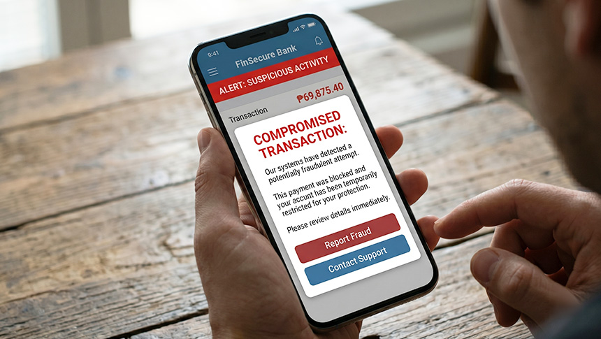 A person holding a smartphone that displays a suspicious activity and compromised transaction alert from a banking app.