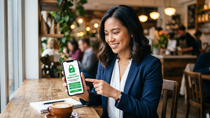 A smiling woman in a blazer pointing to a smartphone screen that displays a secure mobile app confirmation.