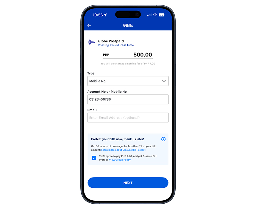 A close-up of a smartphone screen showing the GBills section inside the GCash app