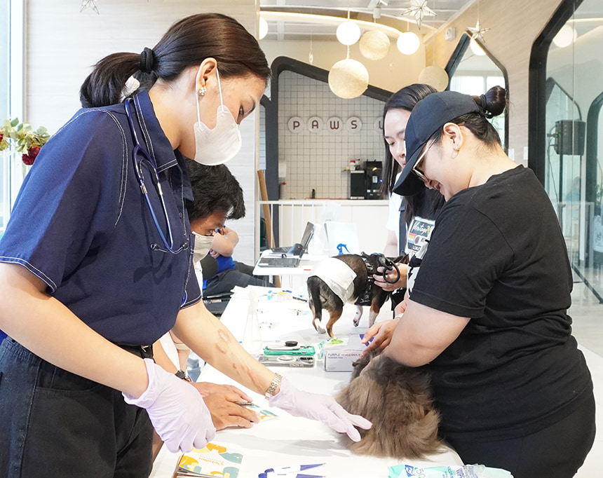 Pet owner participating in a Globe-supported pet wellness and vaccination activity.