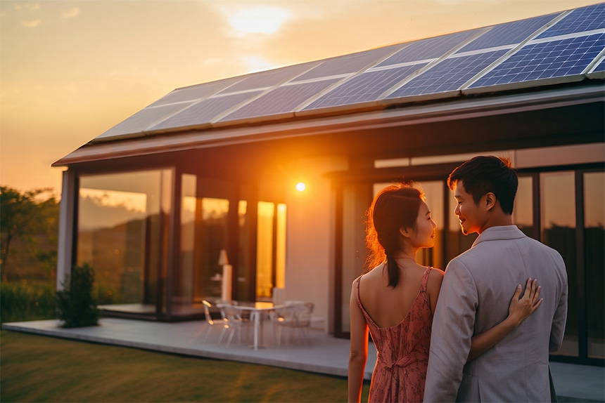 Young Asian couple looking at a house with solar panels.