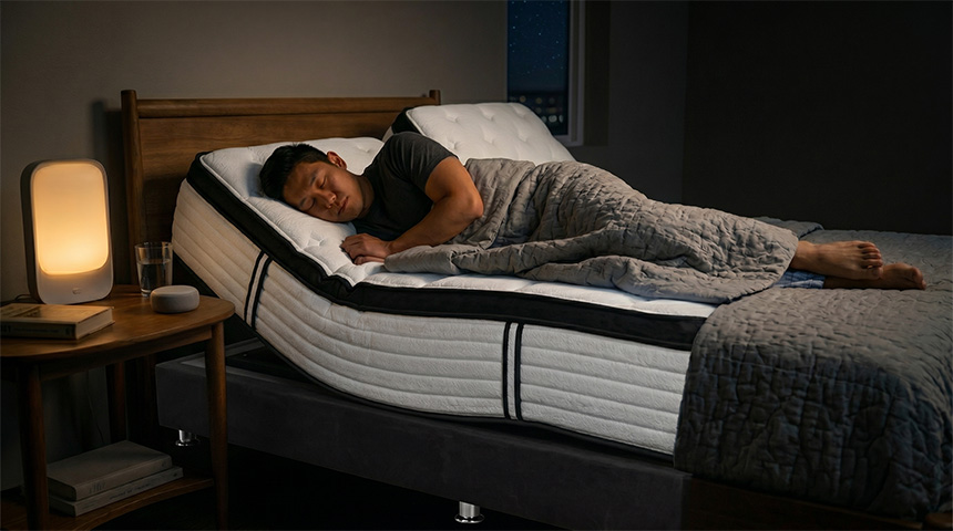 Man asleep on a personalized smart mattress in a cozy bedroom.