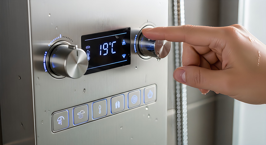 Close-up of a smart showerâs digital display and temperature dial.