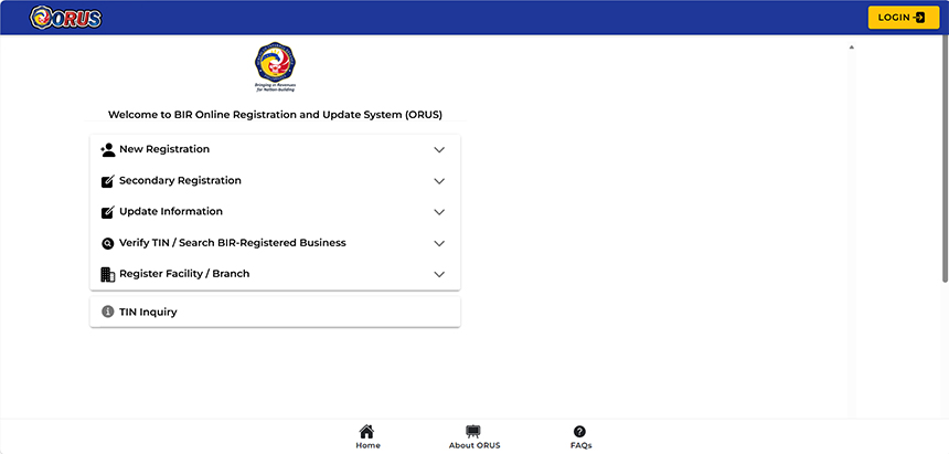 BIR ORUS page showing documentary requirements and the Create an Account button.