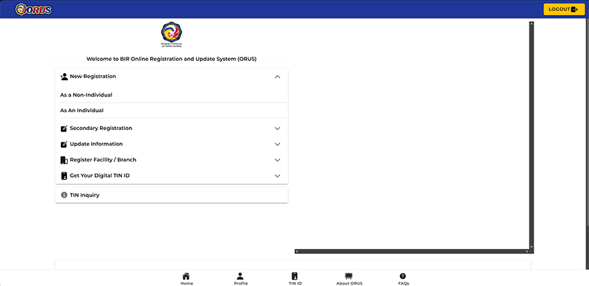 BIR ORUS dashboard showing the New Registration menu.