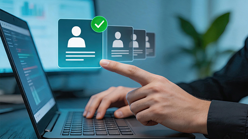 A person using a laptop, pointing at digital user profile cards with a green checkmark for data privacy.