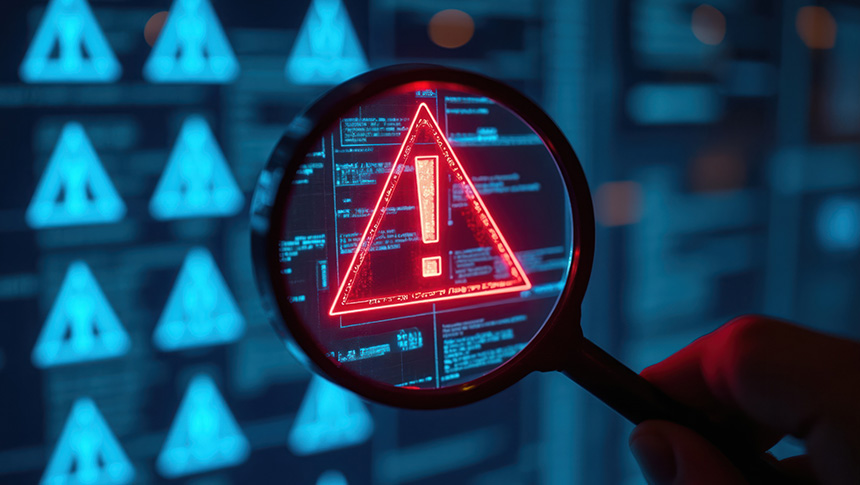 A hand holding a magnifying glass over a glowing red warning symbol to detect cybersecurity threats.