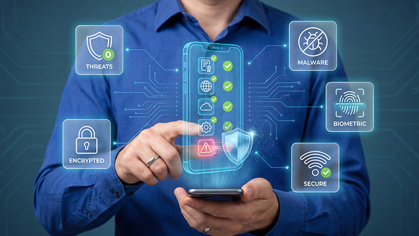 A person pointing at a holographic security interface floating above a smartphone with cybersecurity icons.