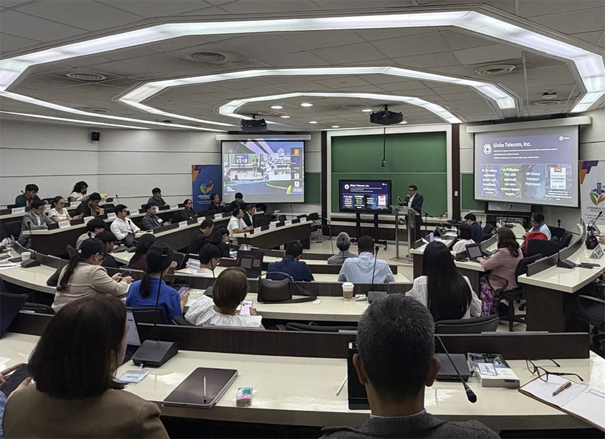 Liveable Cities Lab session presentation in a tiered auditorium at the Asian Institute of Management (AIM)