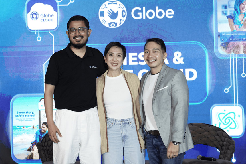 Globeâs Chief Marketing Officer KD Dizon and Globe VP Product Experience Group Coco Domingo together with the AI Fiesta CEO and co-founder Mohammad Hasan during the AI Fiesta Showcase.