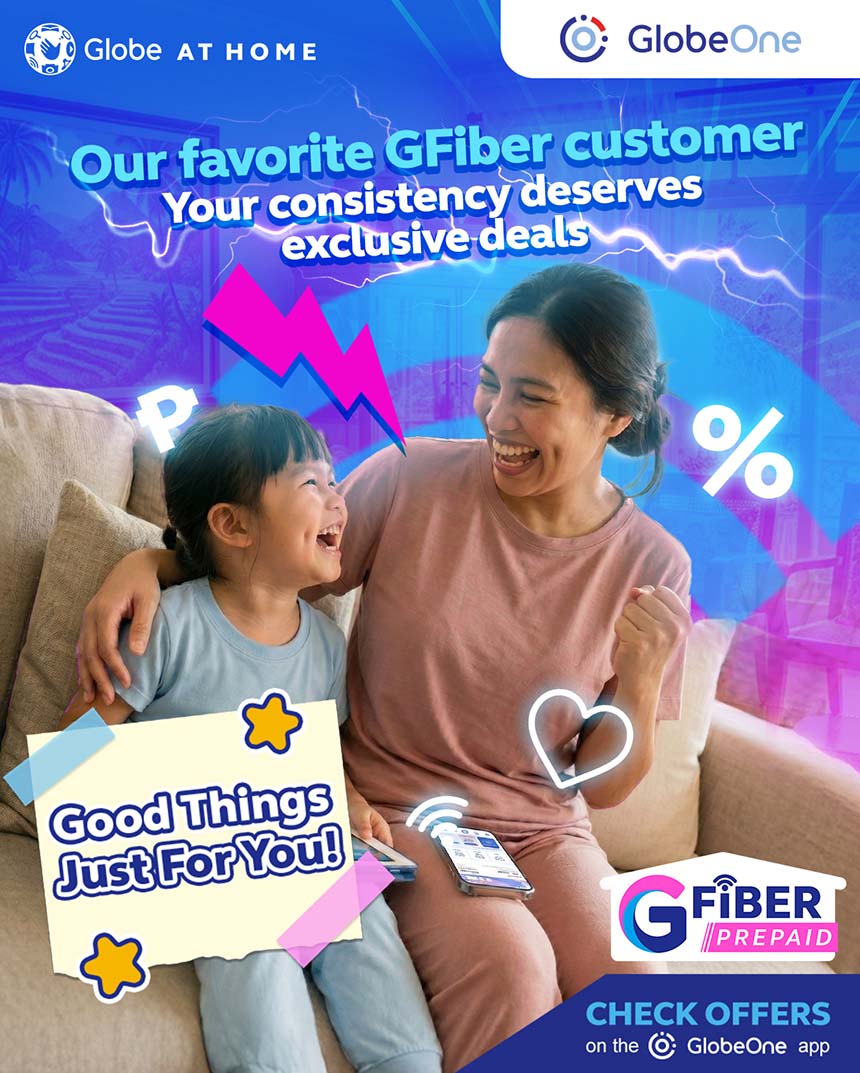 Globe At Homeâs GFiber Prepaid promotion featuring a mother and child enjoying Just For You offers available on the GlobeOne app.