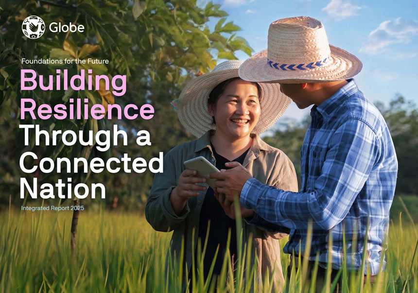 Two farmers using a smartphone in a rice field, representing Globe's resilient and affordable digital connectivity.