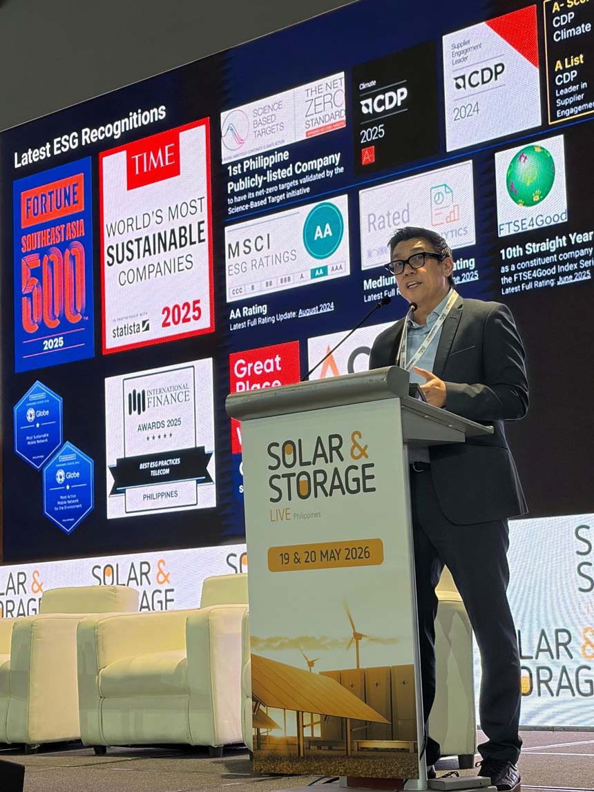 Raymond Aguilar, Globe Vice President for Risk and Property Management, delivering his speech at Solar & Storage Live 2026.