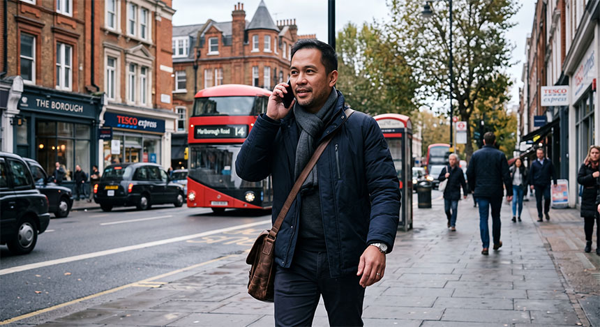 An OFW man making a call abroad on a city street with a double-decker bus in the background.
