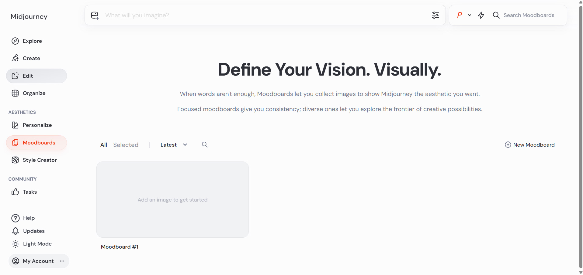 Midjourney Moodboards interface showing the image organization and style reference workspace for AI image generation.