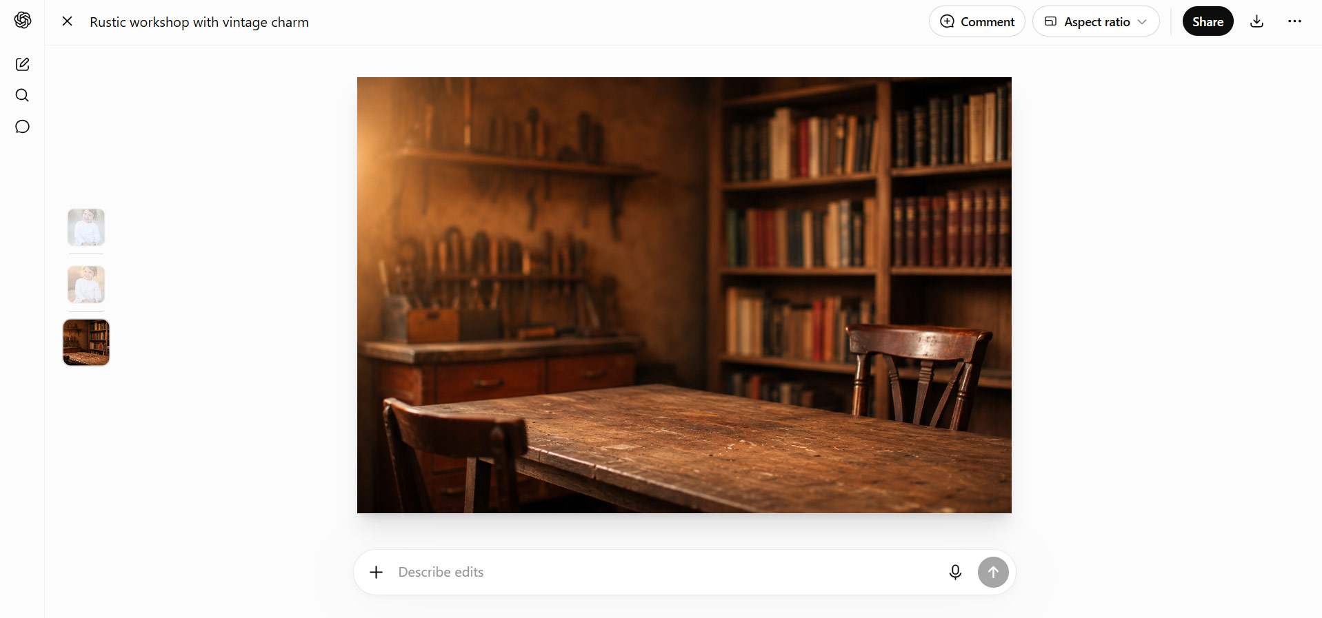 OpenAI ChatGPT Images 2.0 interface featuring an AI-generated rustic workshop interior with vintage décor created from a text prompt.