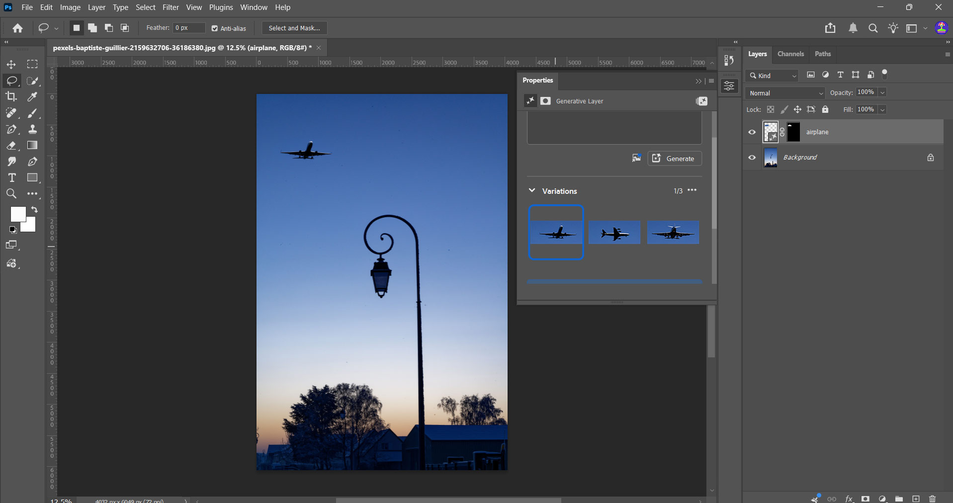 Adobe Firefly Generative Fill in Photoshop showing AI generated airplane variations added to a sunset sky background.