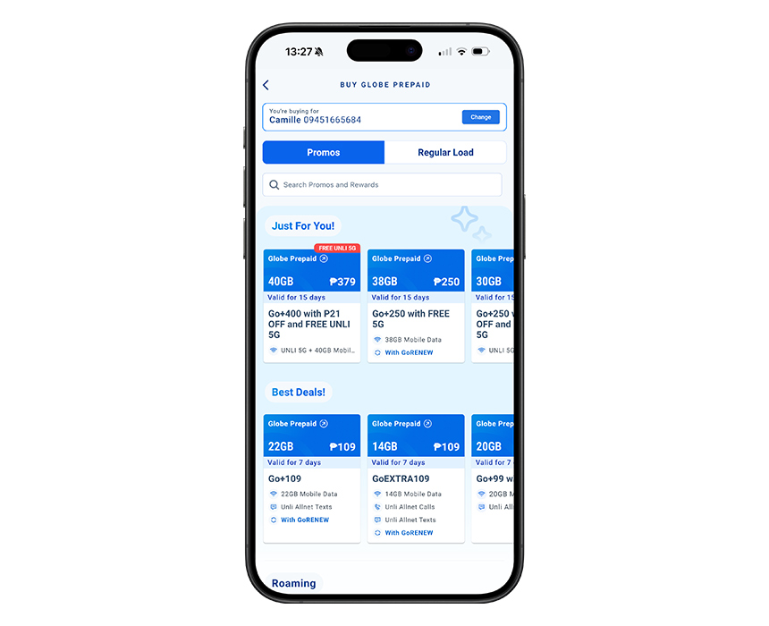 GlobeOne app showing Just For You prepaid promos