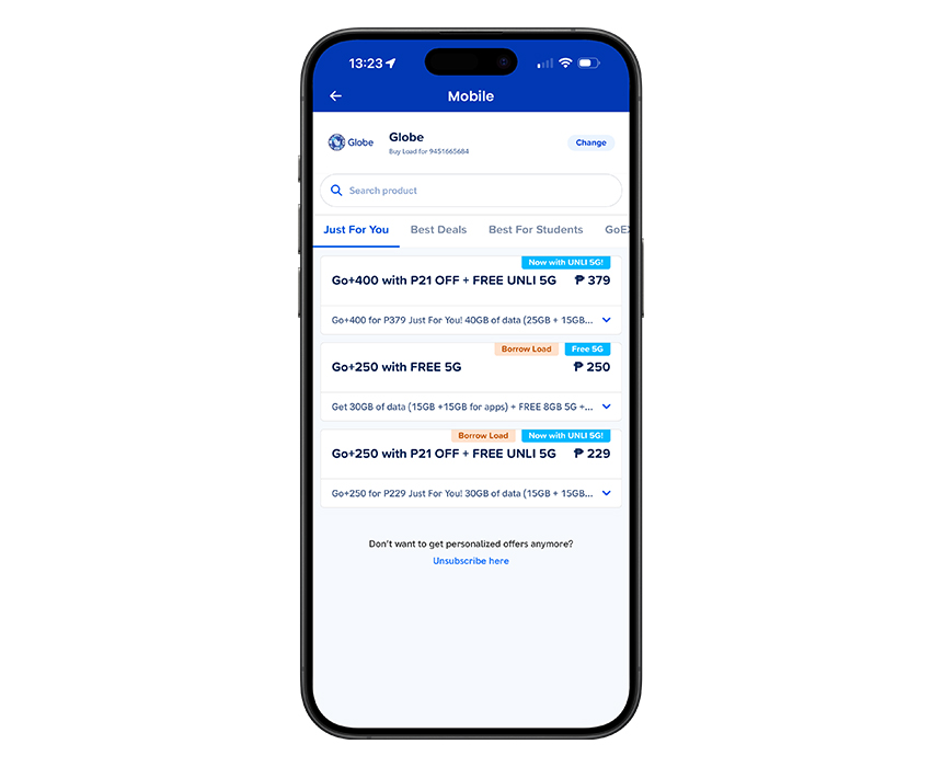 GCash app showing Just For You mobile load promos