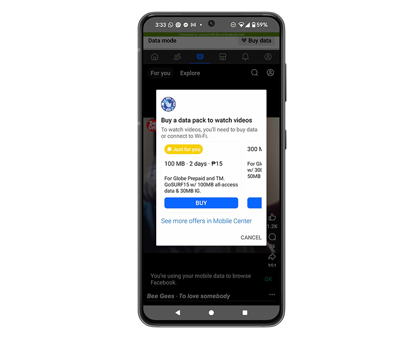 Just For You data offer displayed while browsing Facebook.