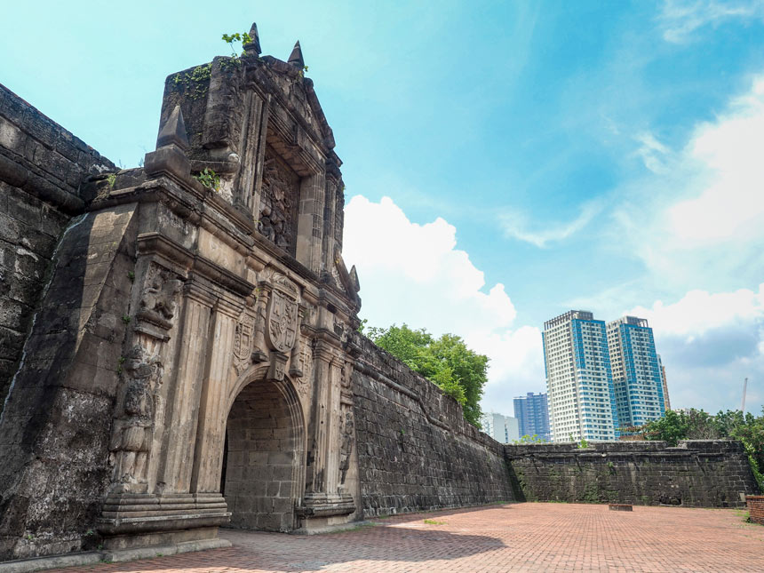 Fort Santiago gate and stone walls in Intramuros, Manila.