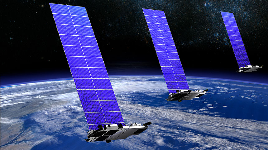 Starlinkâs satellites in low-Earth orbit with solar panels circling above the Earth.