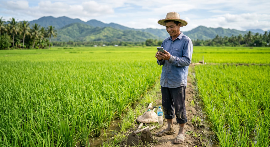 A farmer in a wide rice field holding a mobile phone and smiling during a sunny day.