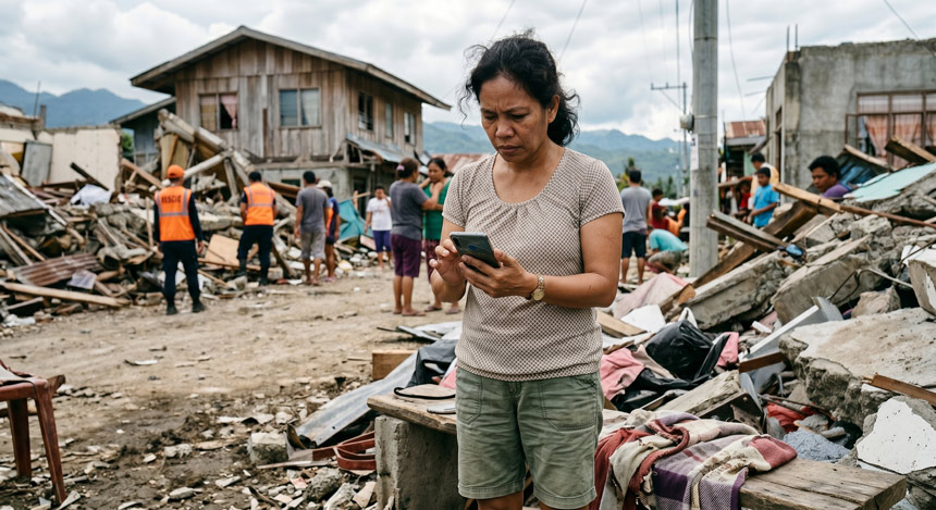 A woman holding a mobile phone while standing outside in an area heavily impacted by an environmental calamity.