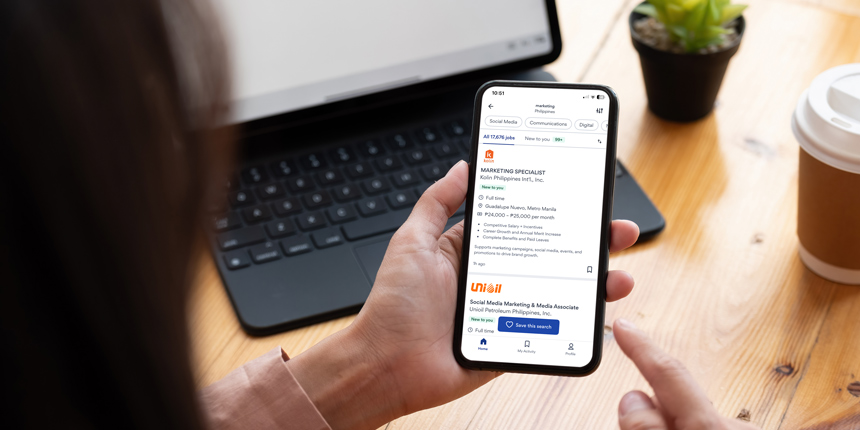 Job search app showing internship and job listings on a smartphone.