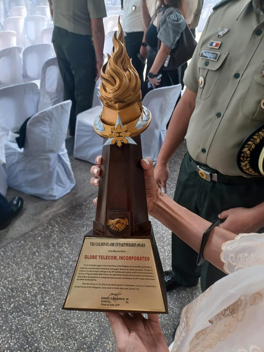 Globe received the AFP Golden Flame Partnership Award for its contribution to mission-critical connectivity with Armed Forces of the Philippines.