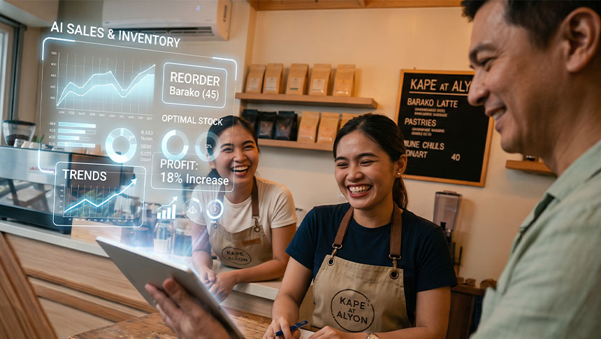Man showing AI sales analytics on a tablet to two café staff.
