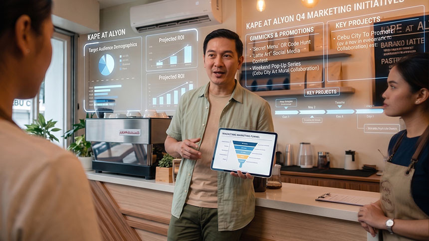 Man presenting marketing strategy graphics on a tablet to two café workers.