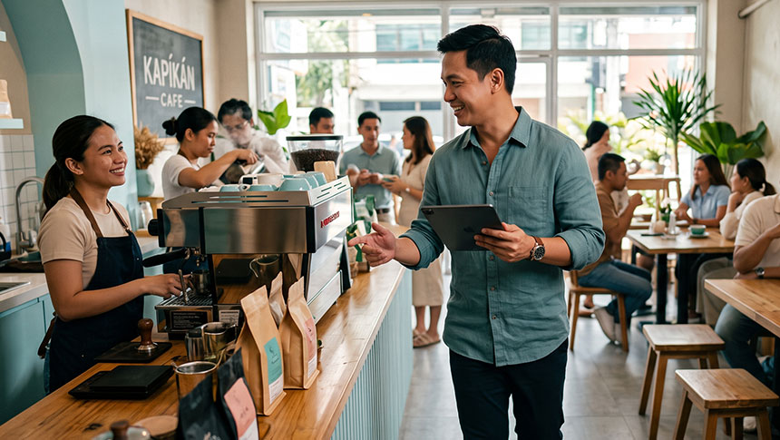 Man holding a tablet speaking with a barista in a busy café.