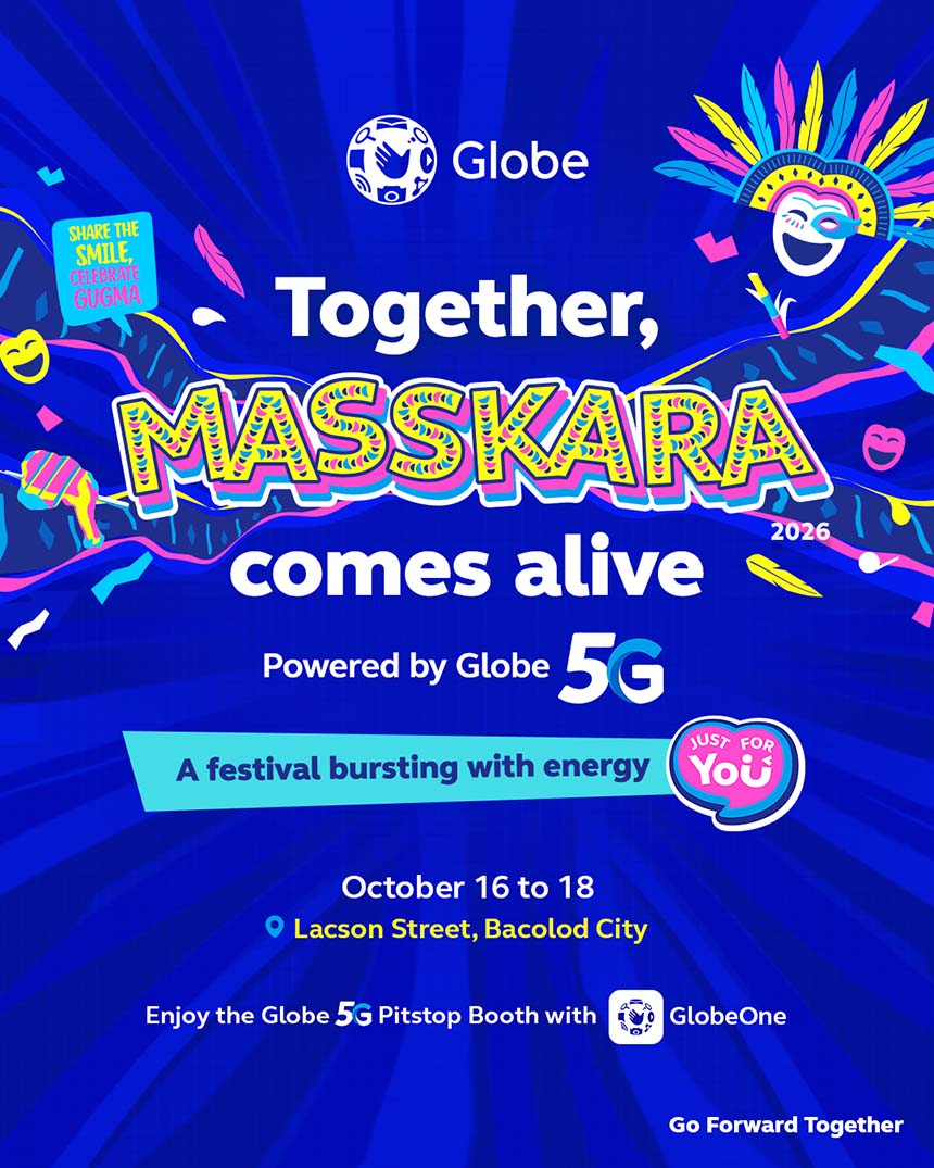 Globe MassKara 2026 campaign poster promoting 5G-powered festival activities in Bacolod City.