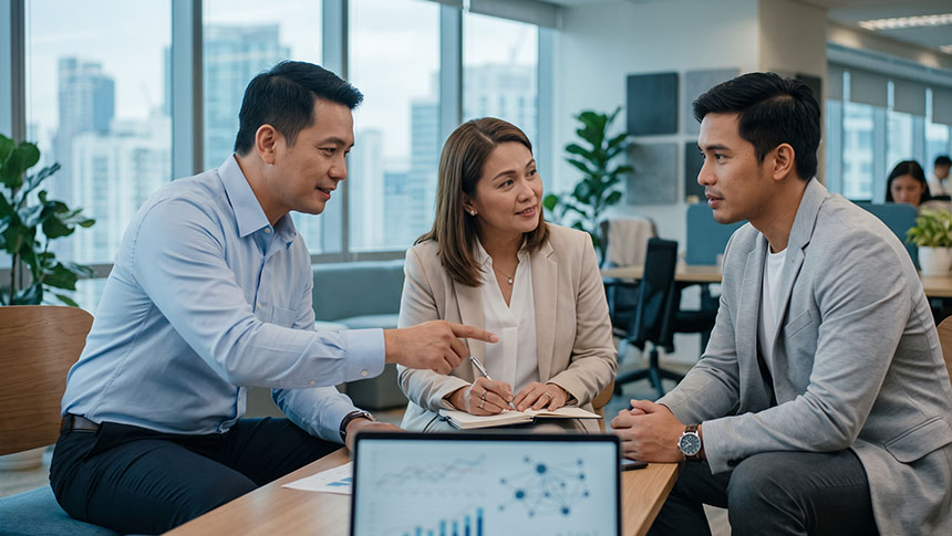Five professionals gathered around an interactive digital map table in an office.