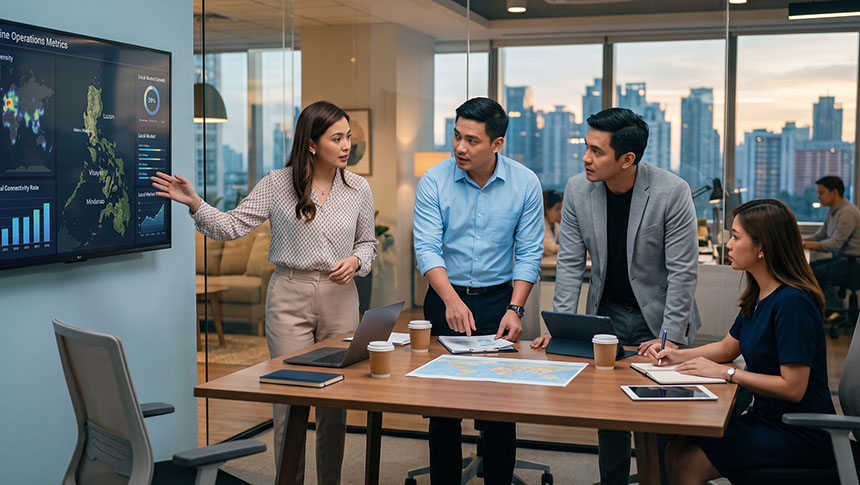 Three professionals gathered around a digital interactive map table showing global connections in an office.