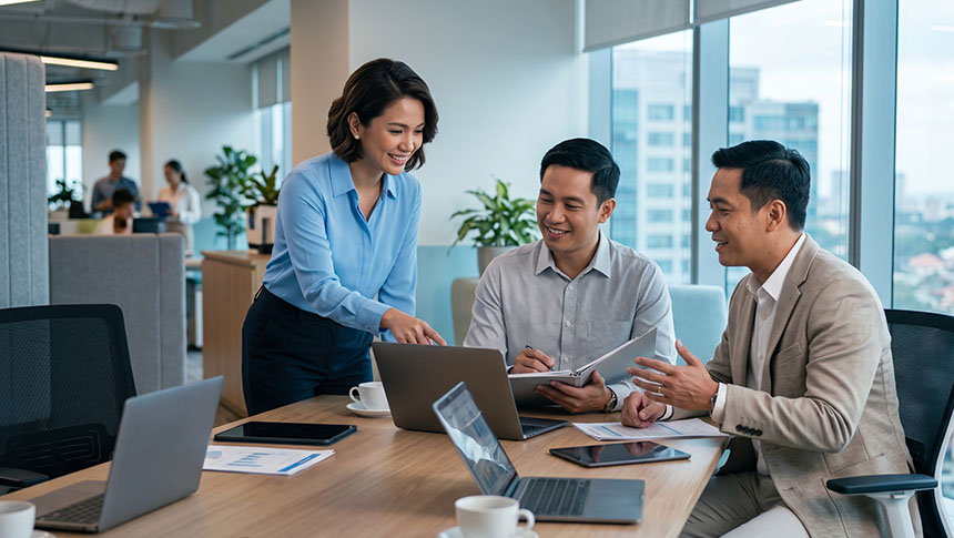 Four professionals gathered around an interactive glass table displaying digital network icons in an office.
