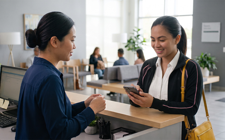 Woman showing a digital ID on her smartphone at a service counter.