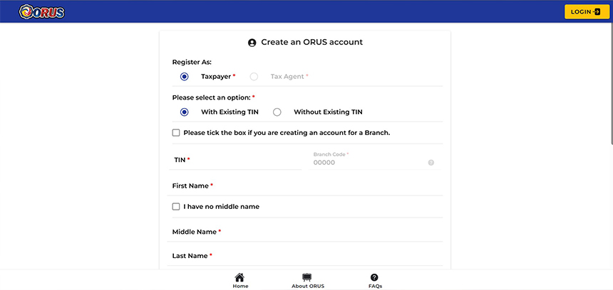 The BIR ORUS account registration interface, where taxpayers can apply for a Digital TIN ID.