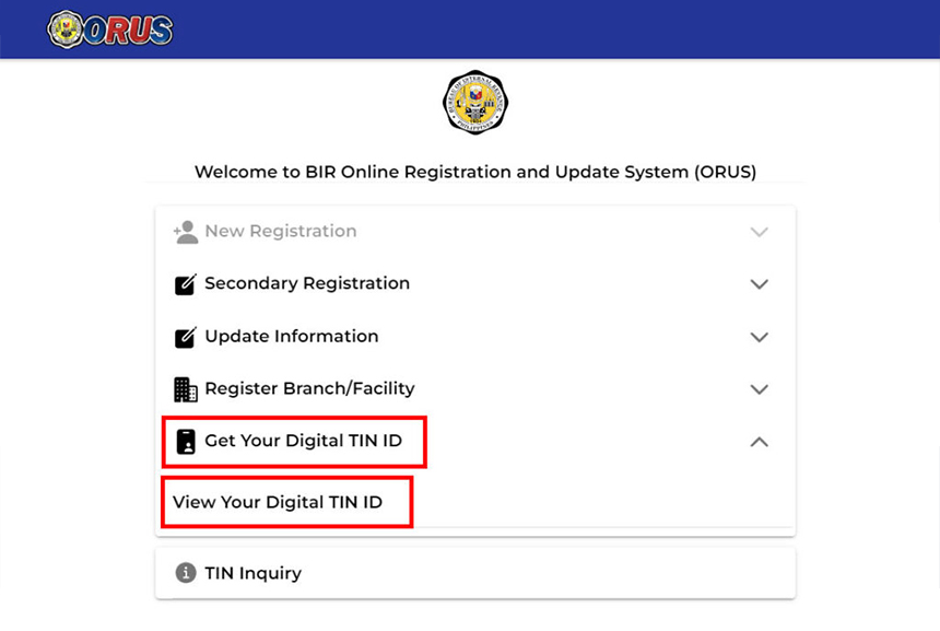 BIR ORUS menu showing the âGet Your Digital TIN IDâ option.