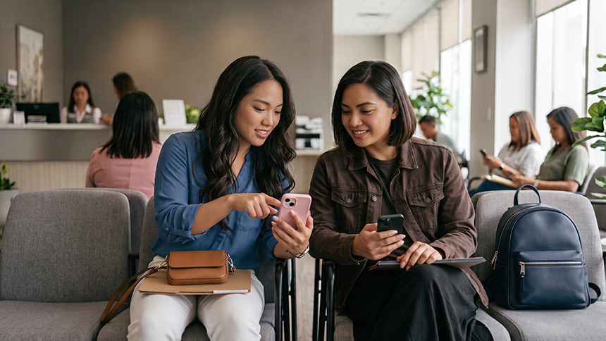 Two women using their smartphones while discussing Digital TIN ID concerns.