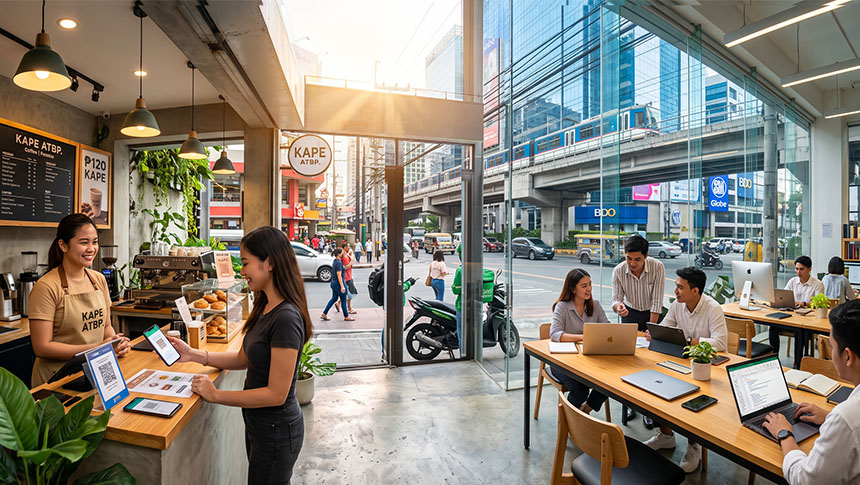 Customer making a digital payment at a cafe with delivery riders and office workers nearby.