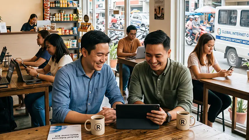 Internet provider representative showing a broadband speed test on a tablet to a business owner.